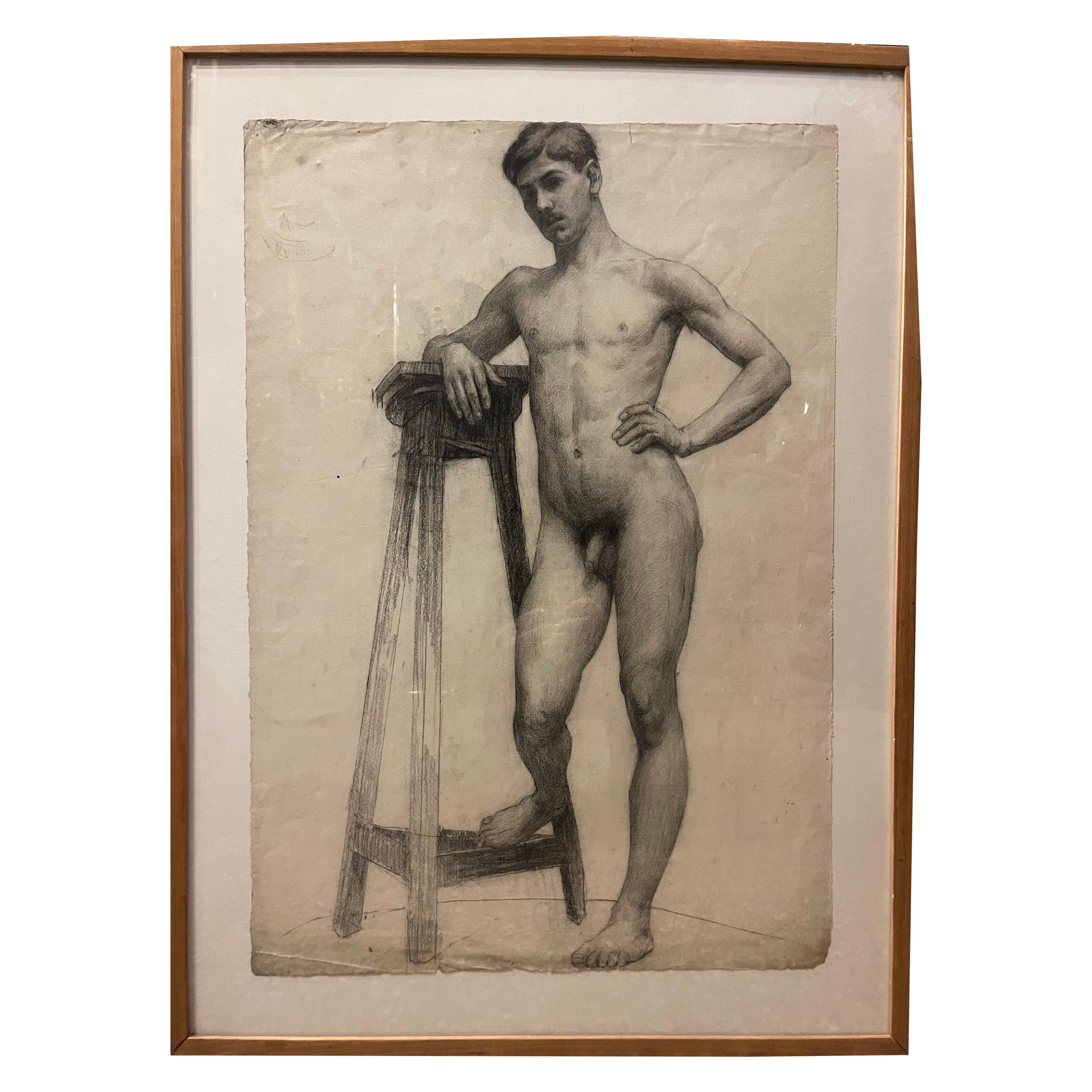 Dibujo de un hombre desnudo en el banquillo académico 1910 Francia