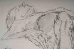 Zeichnung eines schlafenden nackten Mannes von Evelyne Luez, 20. Jahrhundert.