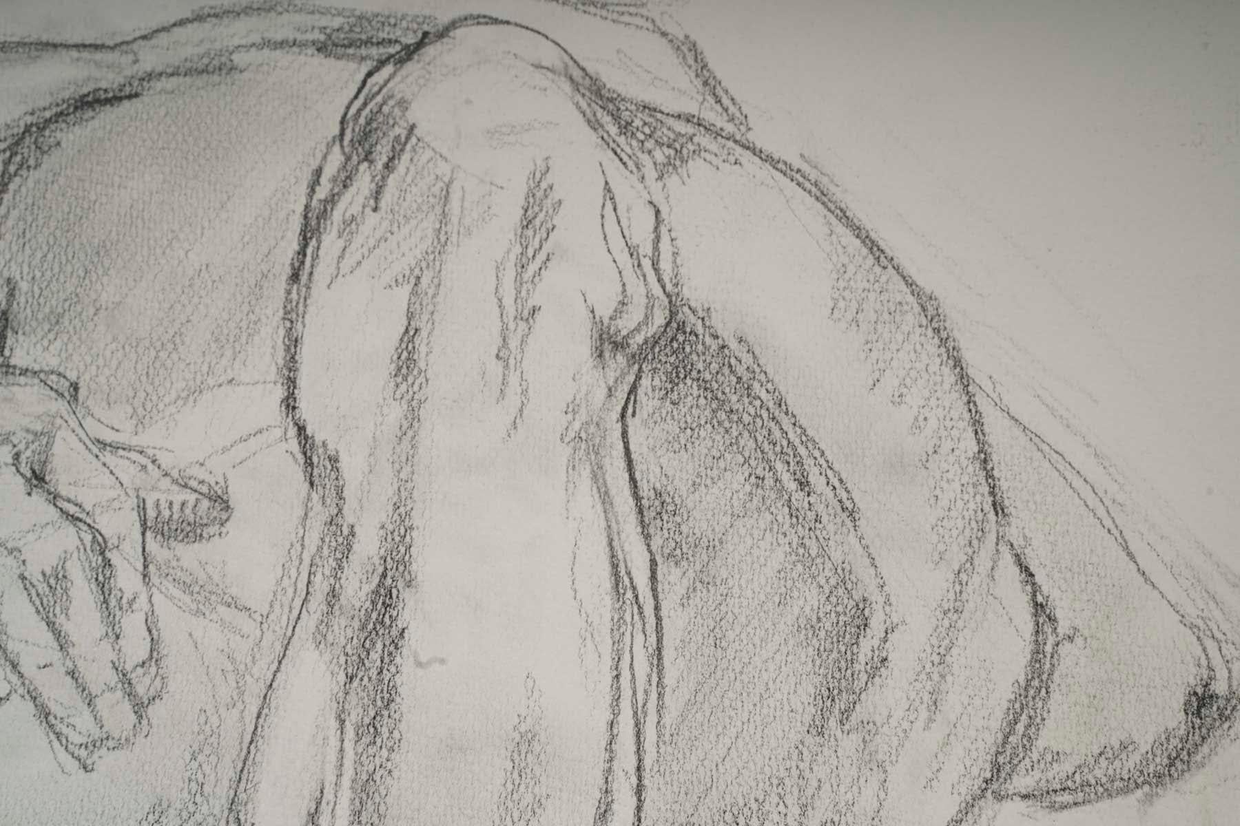 French Drawing of a Sleeping Nude Man by Evelyne Luez, 20th Century. For Sale