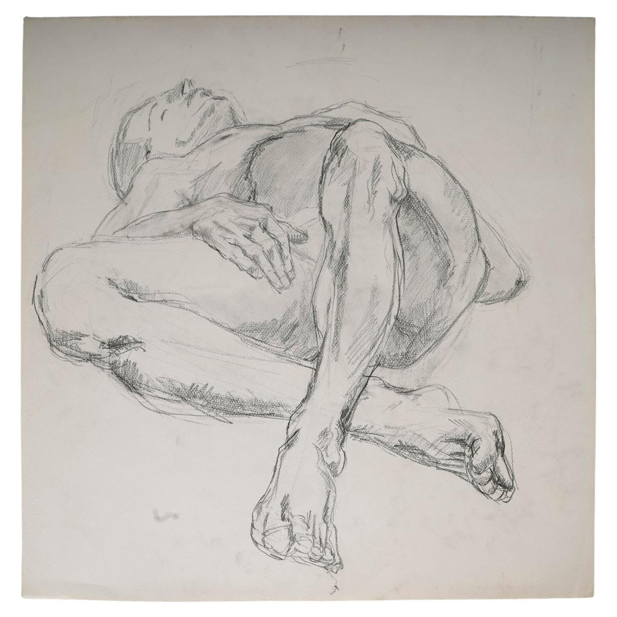 Disegno di un uomo nudo addormentato di Evelyne Luez, 20° secolo.