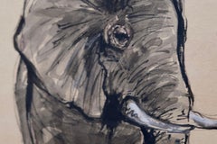 Drawing of an Elephant and Calf, Ink and Wash on Paper by Jean Poulain, 1942