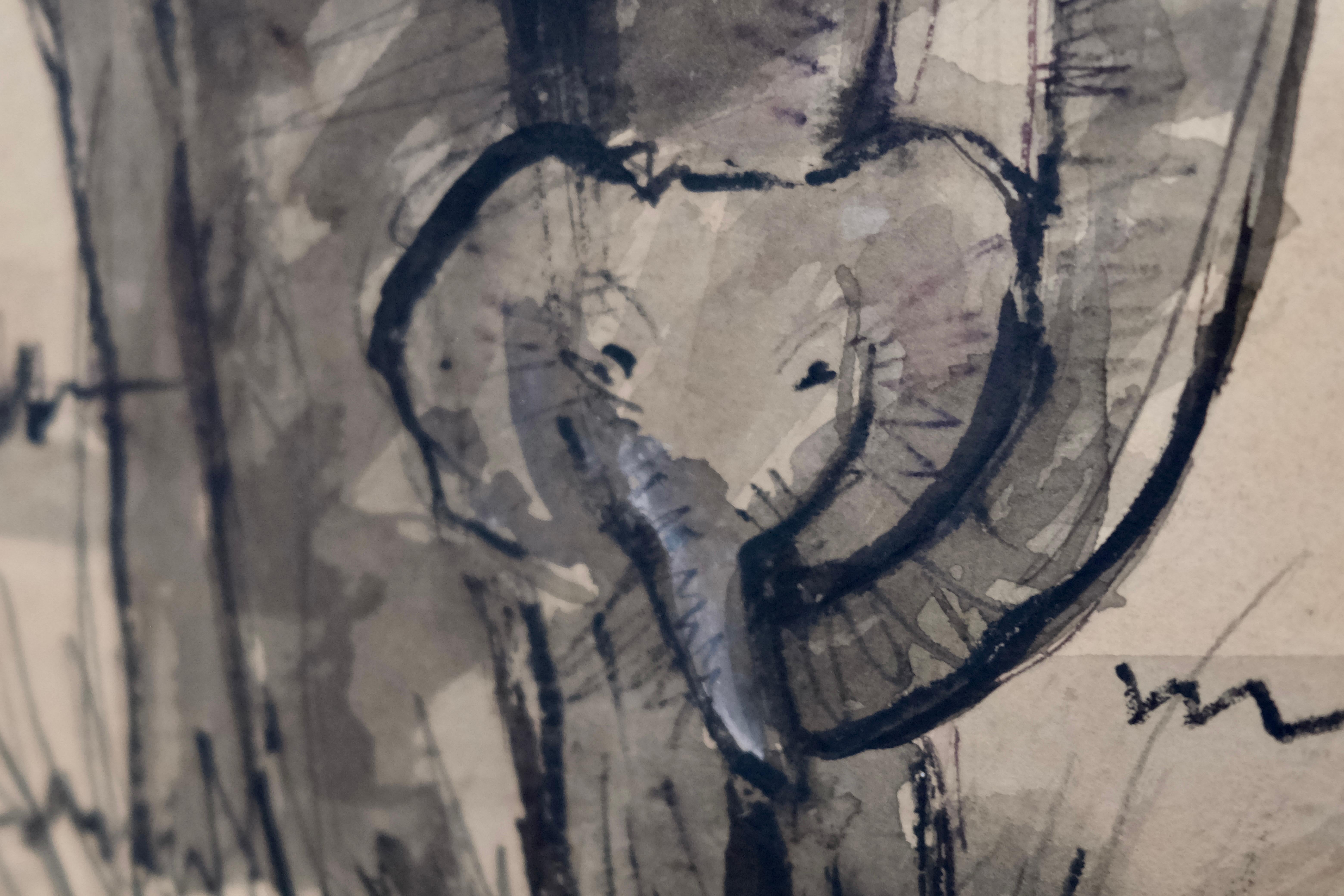 Drawing of an Elephant and Calf, Ink and Wash on Paper by Jean Poulain, 1942 Art Decó en venta