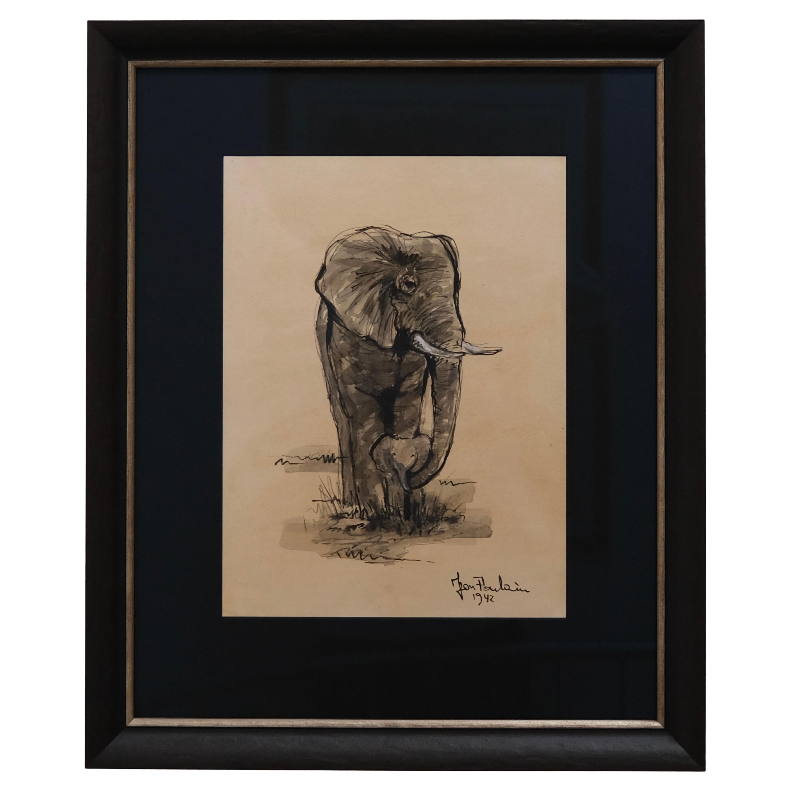 Drawing of an Elephant and Calf, Ink and Wash on Paper by Jean Poulain, 1942