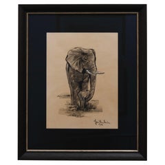 Drawing of an Elephant and Calf, Ink and Wash on Paper by Jean Poulain, 1942