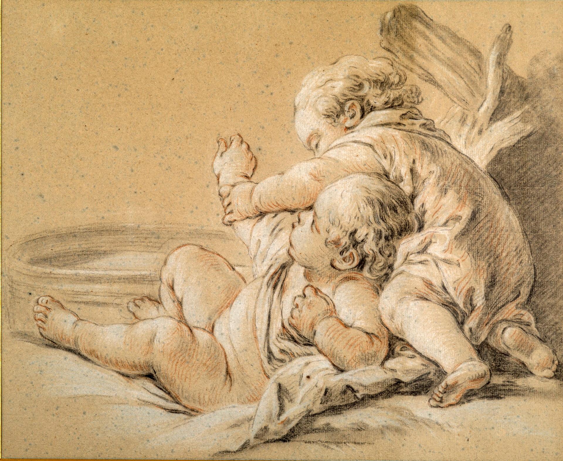 Drawing of children playing besides a basin of water. Framed in a Louis XVI giltwood frame. Typical of the style and subjects of Francois Boucher.
Chalk and pencil on paper.