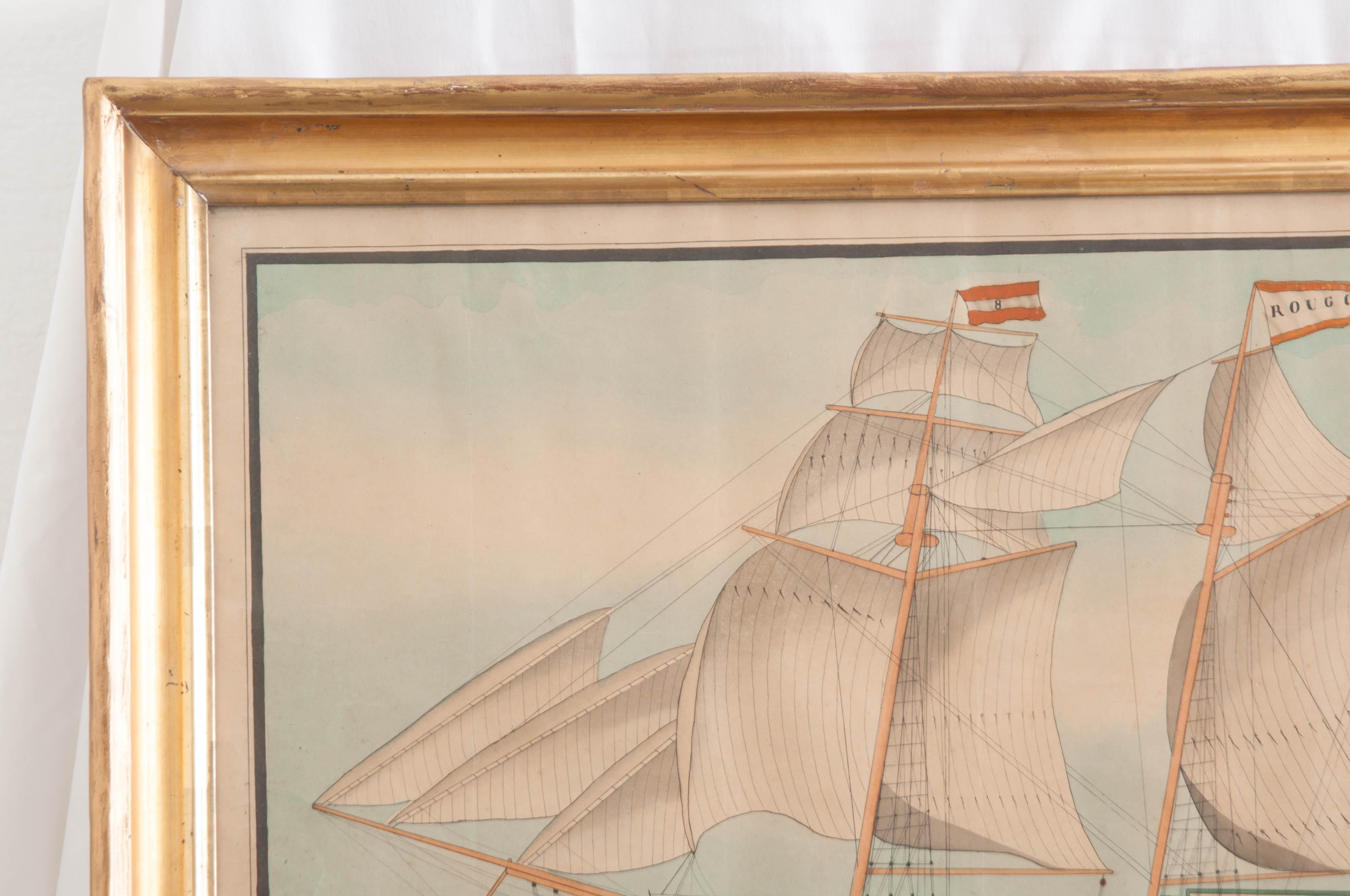 Drawing of French Schooner in Giltwood Frame In Good Condition In Baton Rouge, LA