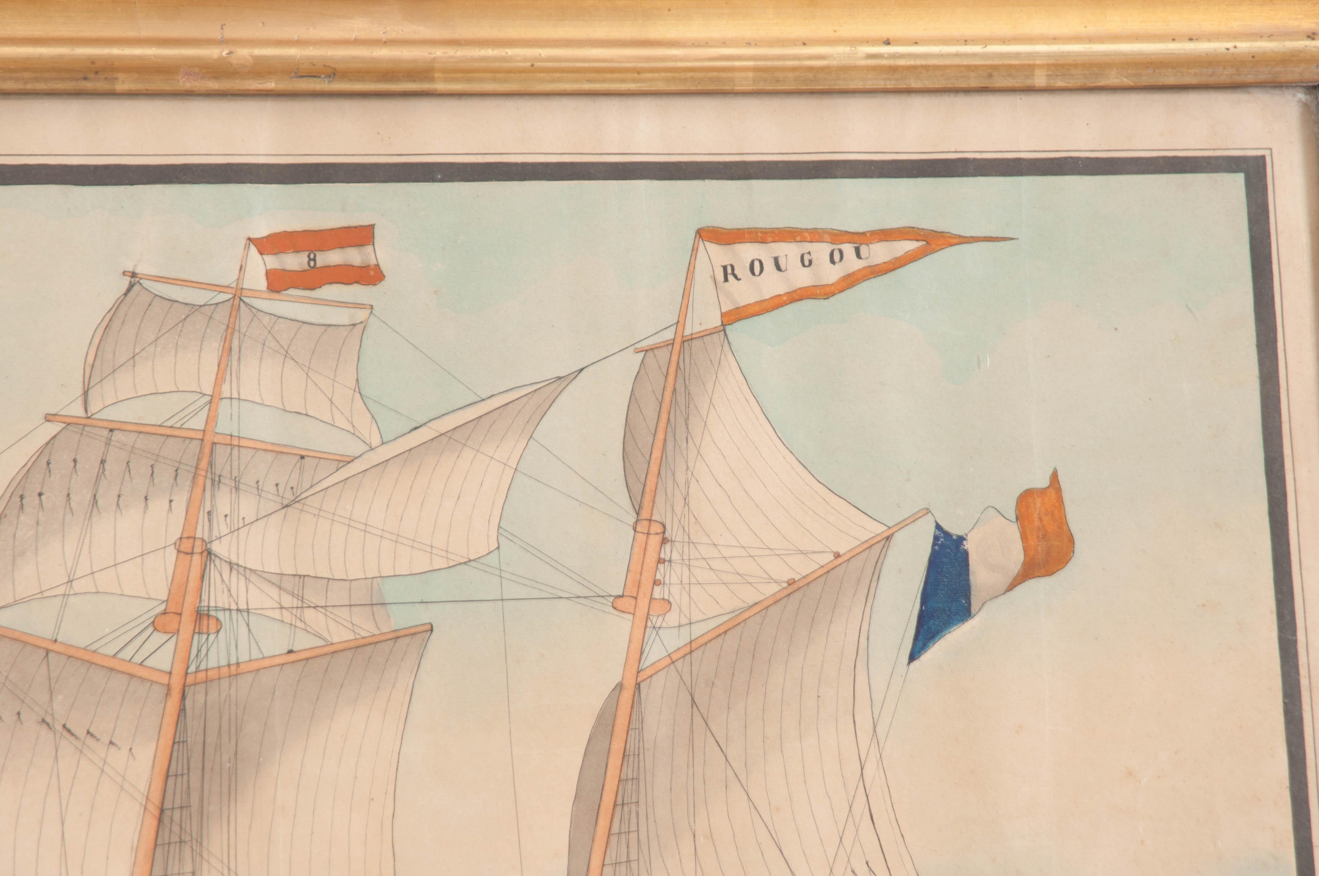 19th Century Drawing of French Schooner in Giltwood Frame