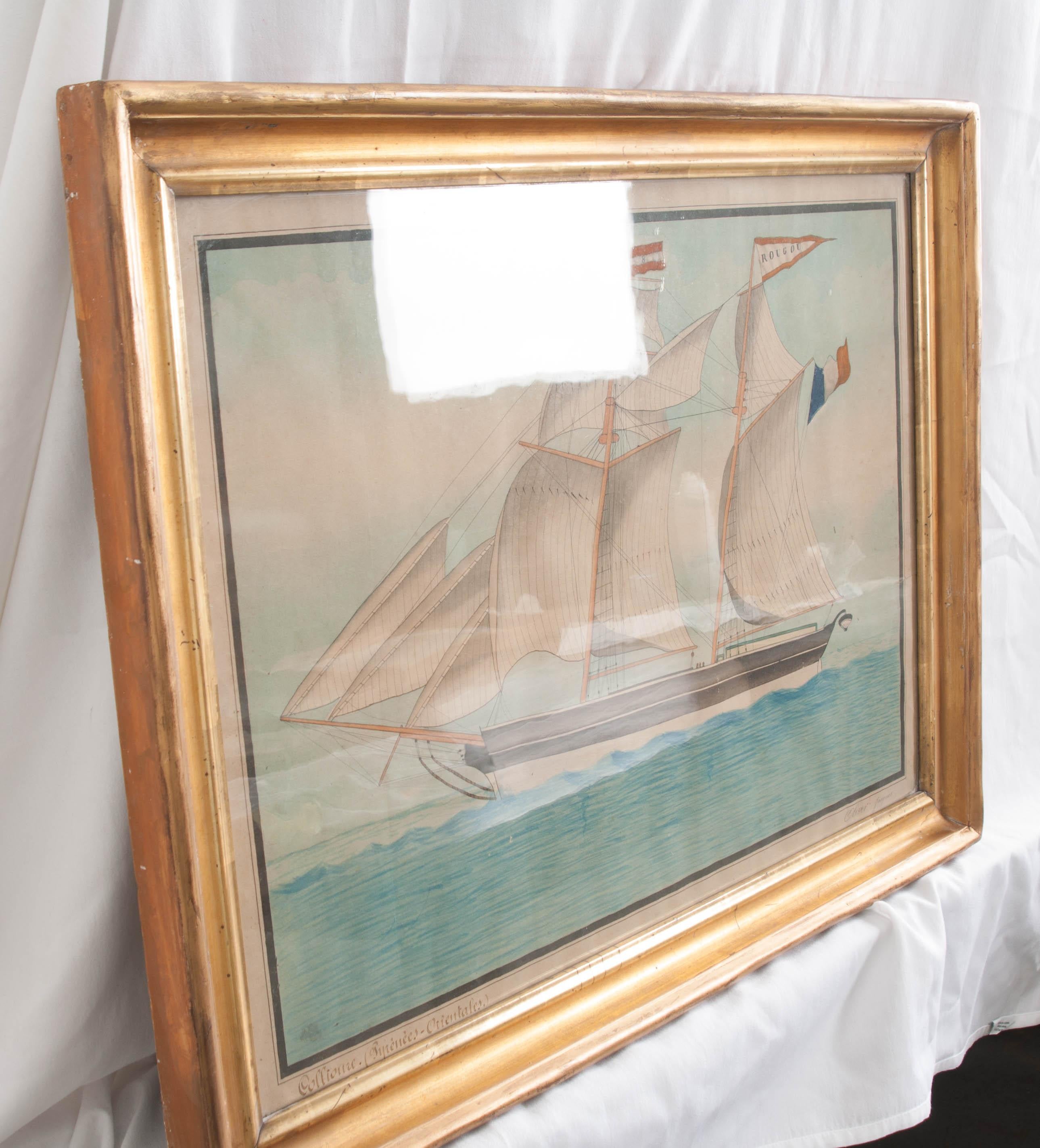 Paint Drawing of French Schooner in Giltwood Frame