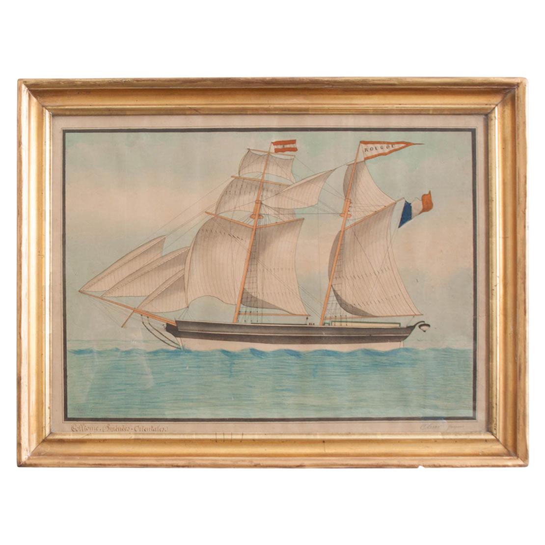 Drawing of French Schooner in Giltwood Frame