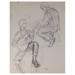 Drawing on Paper Depicting Two Musicians by Evelyne Luez, 20th Century.