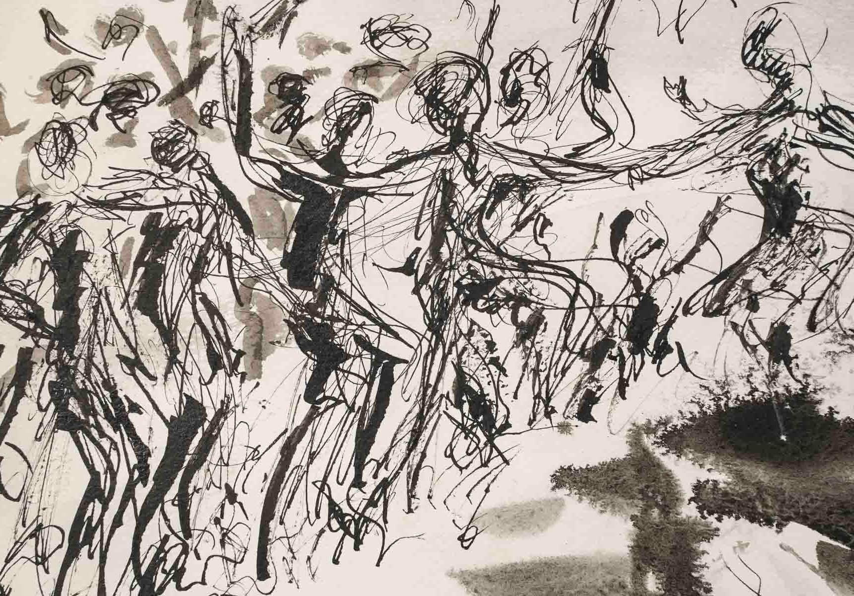 French Drawing on Paper in Ink, the Battle, 20th Century. For Sale