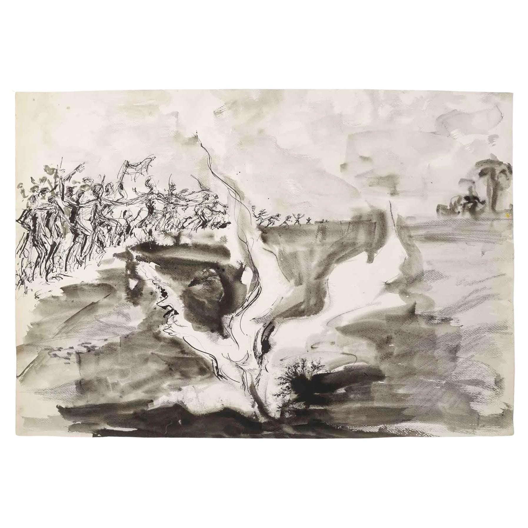 Drawing on Paper in Ink, the Battle, 20th Century. For Sale