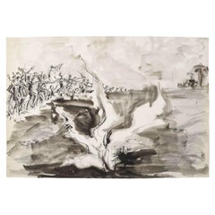 Vintage Drawing on Paper in Ink, the Battle, 20th Century.