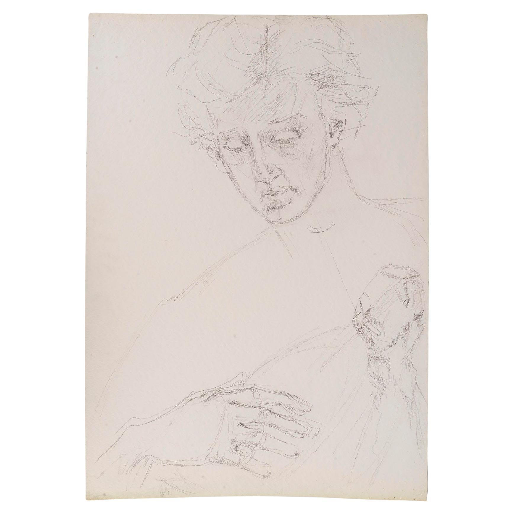 Drawing on Paper, Preparatory Drawing, Man with Balalaika, 20th Century.