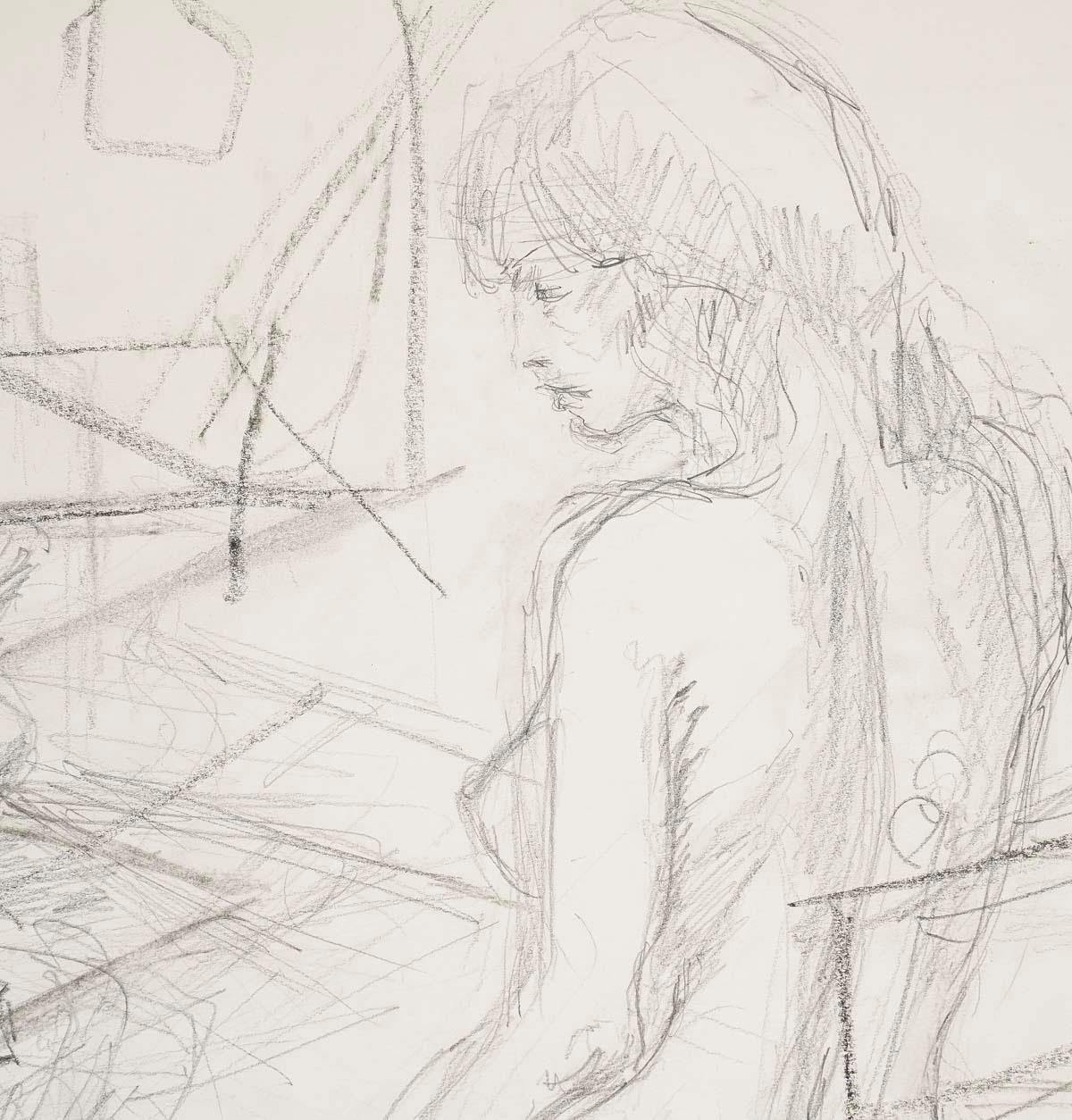 Disegno su carta, disegno preparatorio, giovane donna, XX secolo.

Disegno di una giovane donna nuda alla scrivania, disegno preparatorio, XX secolo.
H: 50cm, L: 48cm, P: 0,3cm