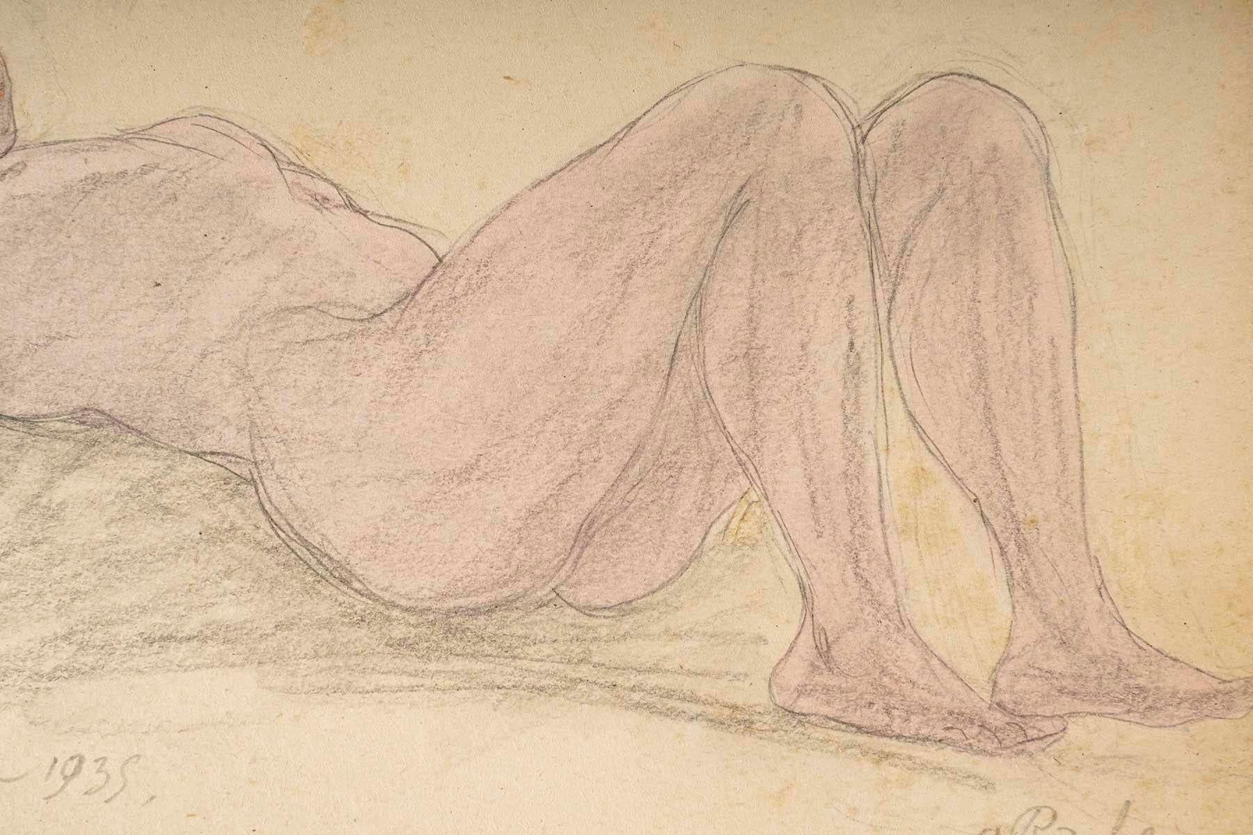 Art Déco Disegno su carta, Donna nuda reclinata, firmato Odilon Roche. in vendita