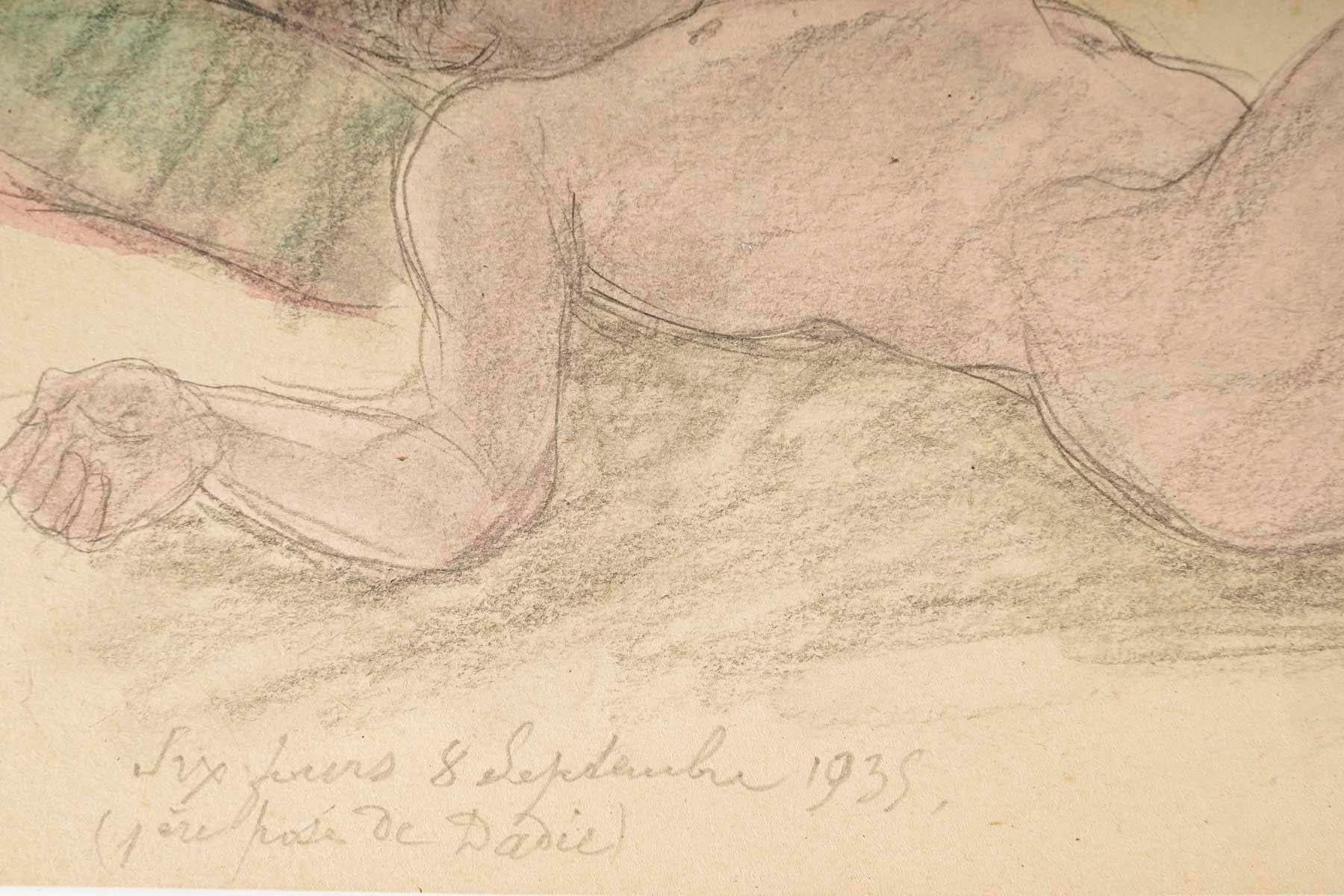 Francese Disegno su carta, Donna nuda reclinata, firmato Odilon Roche. in vendita