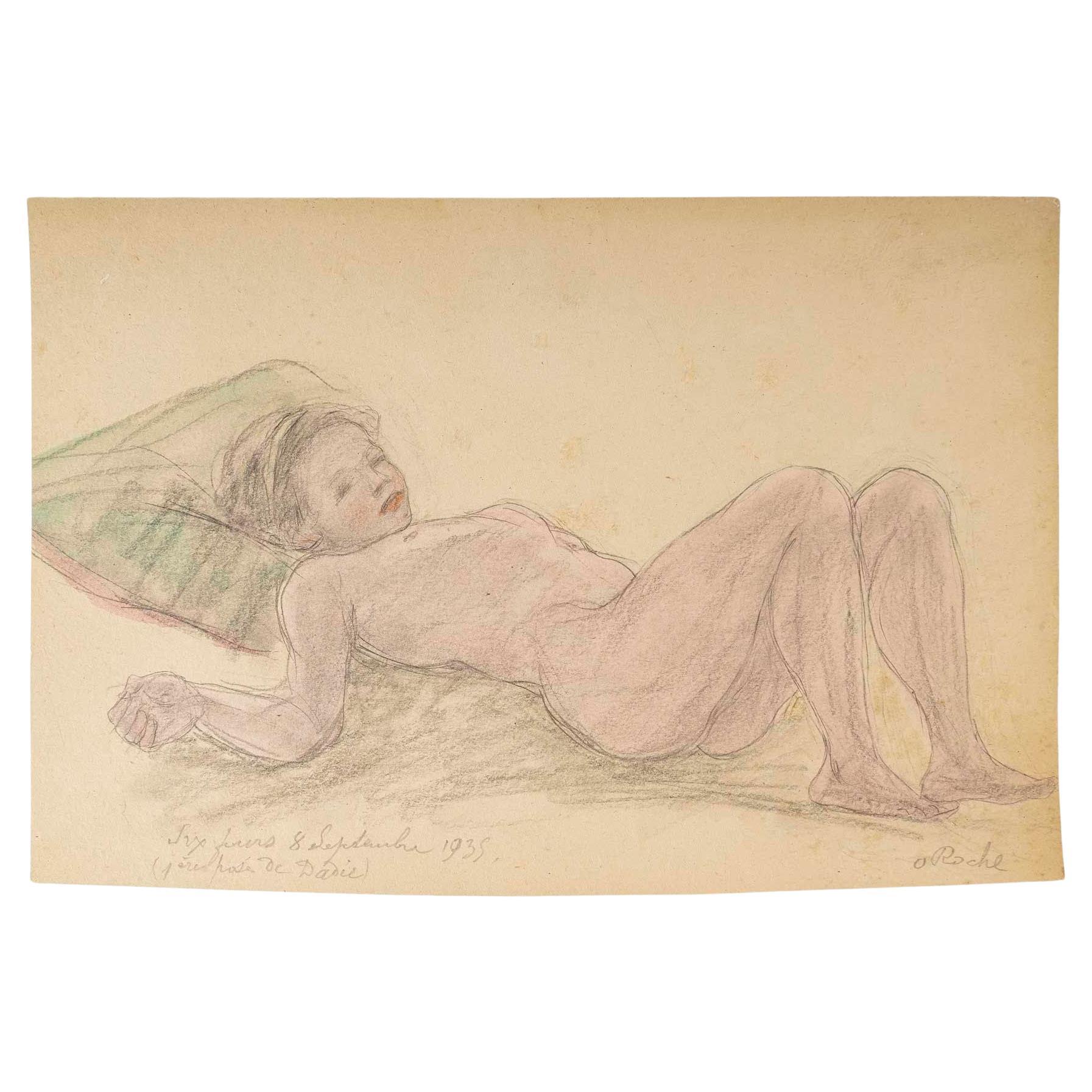 Disegno su carta, Donna nuda reclinata, firmato Odilon Roche.