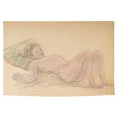 Dessin sur papier, femme nue allongée, signée Odilon Roche.