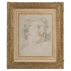 Antique Drawing, Painting Representing a Child's Head, Chalk Drawing.