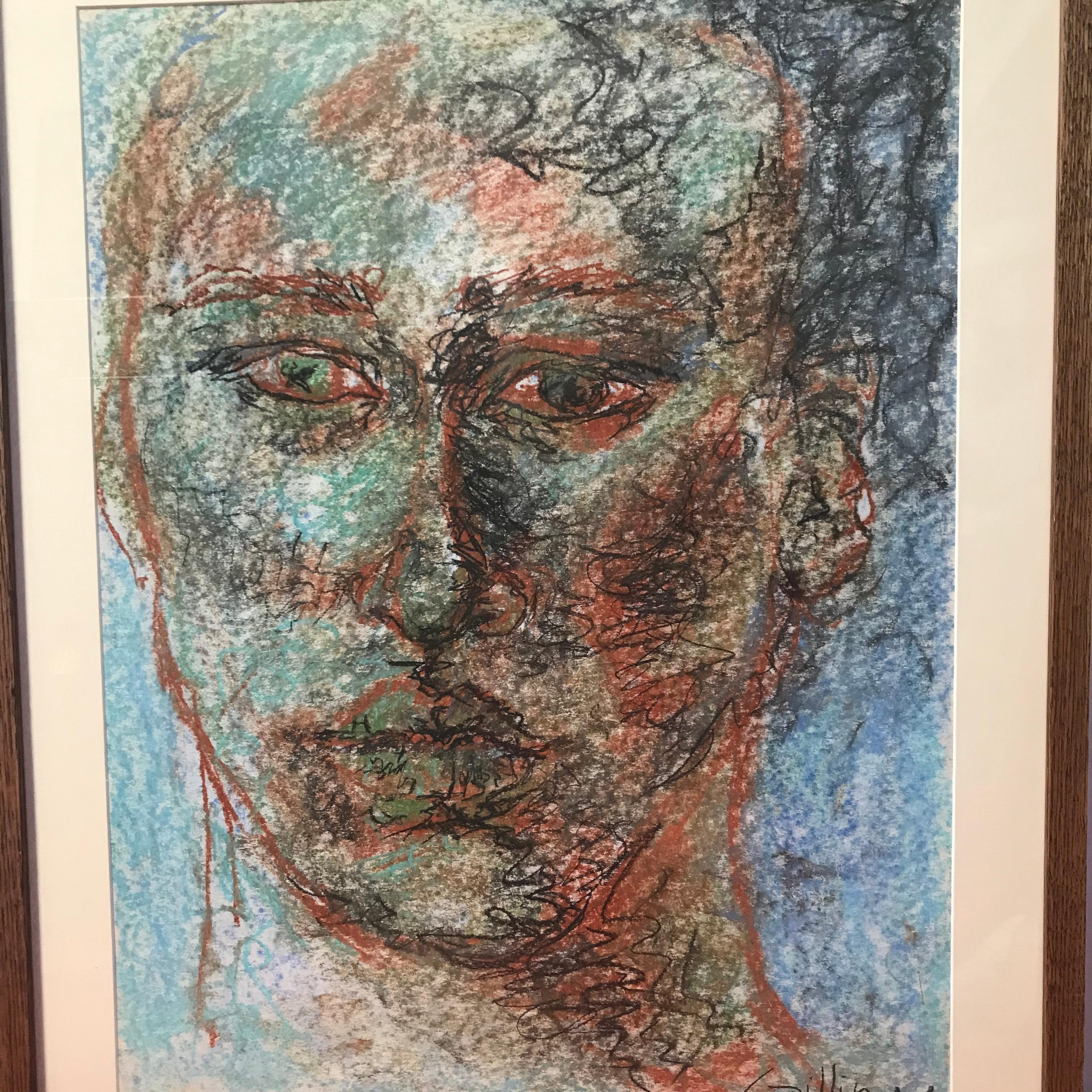 The artwork features a portrait of a woman made with various colored pencils. It is signed by the artist Gillian Lefkowitz. The artist gives like always in her portraitures a strong expression to her subject, and through the intensity of their gaze