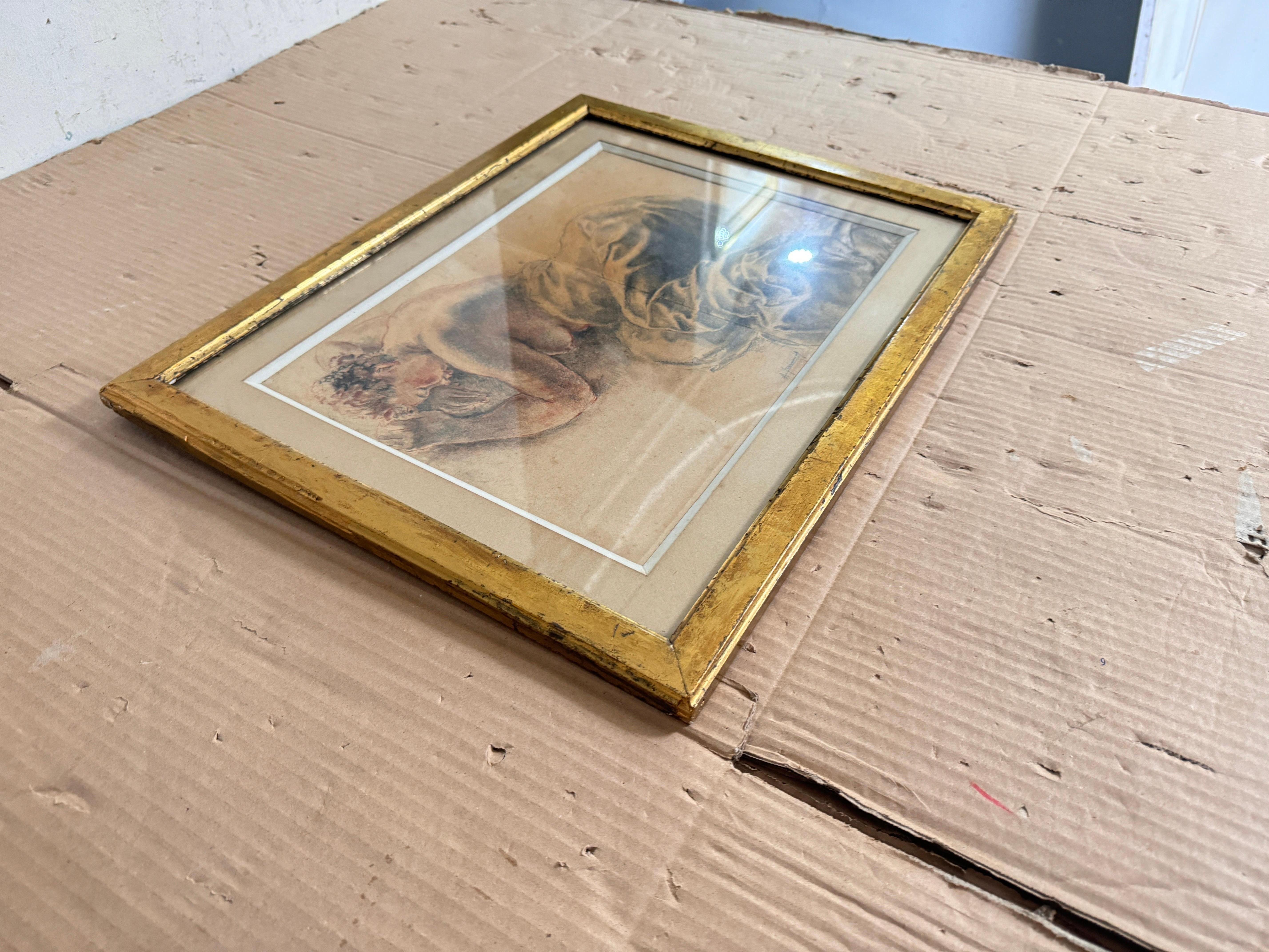 Gilt Drawing Representing a Woman on a Bed Signed France 19th Century For Sale