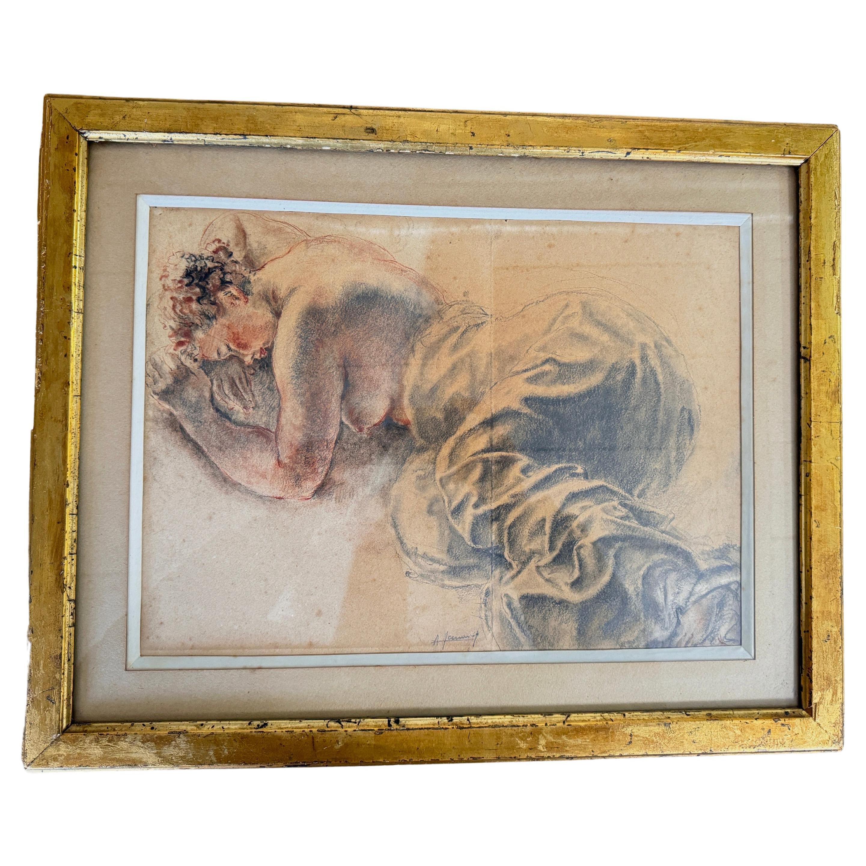 Drawing Representing a Woman on a Bed Signed France 19th Century For Sale