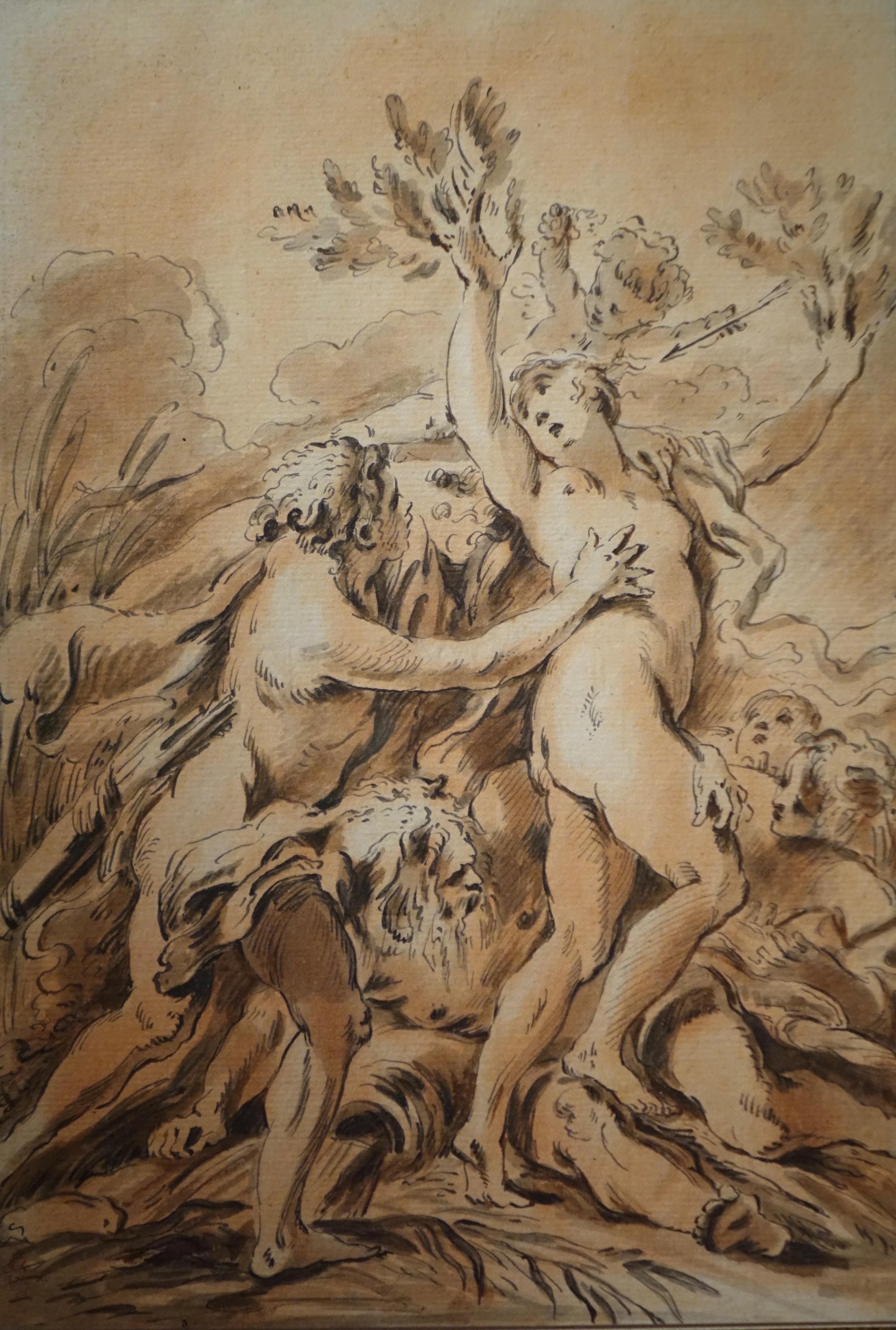 Baroque Drawing Representing Apollon and Daphne, Italy, Early 18th Century