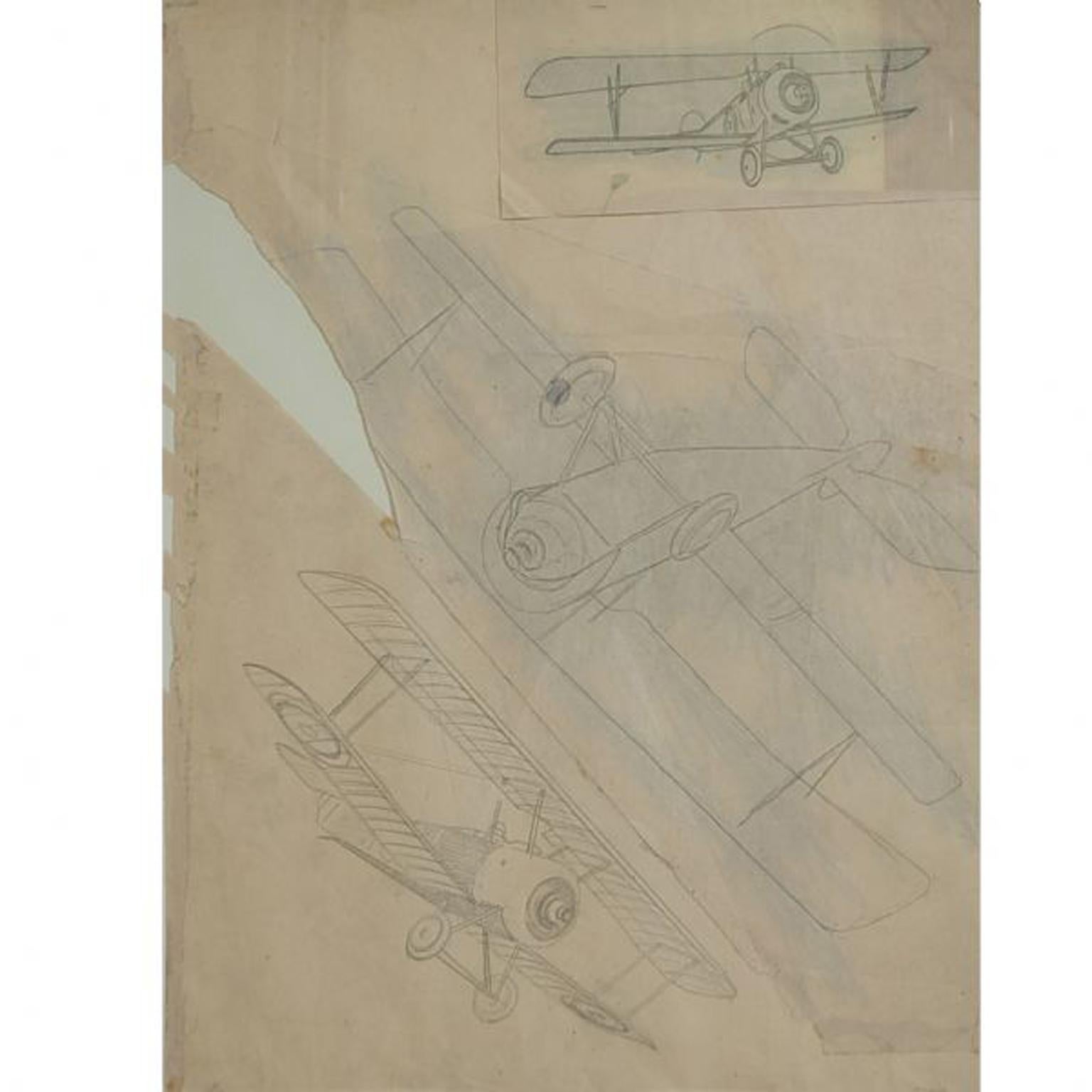 Pencil drawing drawn by Riccardo Cavigioli in the early 1920s representing three single-seat biplane airplanes. Right= two single seat biplane fighter Nieuport 11 Bebe of 1915. Left (low)= single-seat biplane fighter SPAD VII, 1916. Measure with
