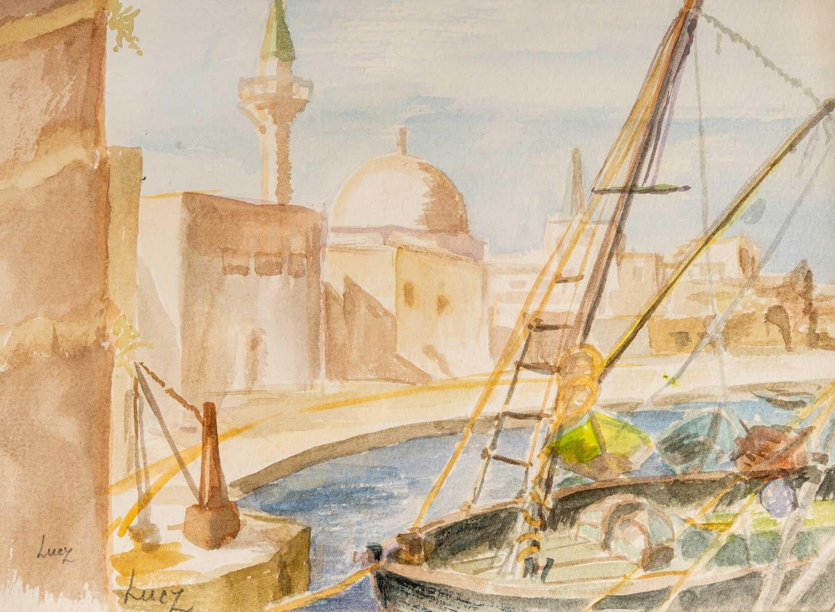 Drawing on paper under glass, framed, signed Luez, 20th century. View of an Oriental port. 
Measures: H: 24.5 cm, W: 30.5 cm, D: 1.5 cm.