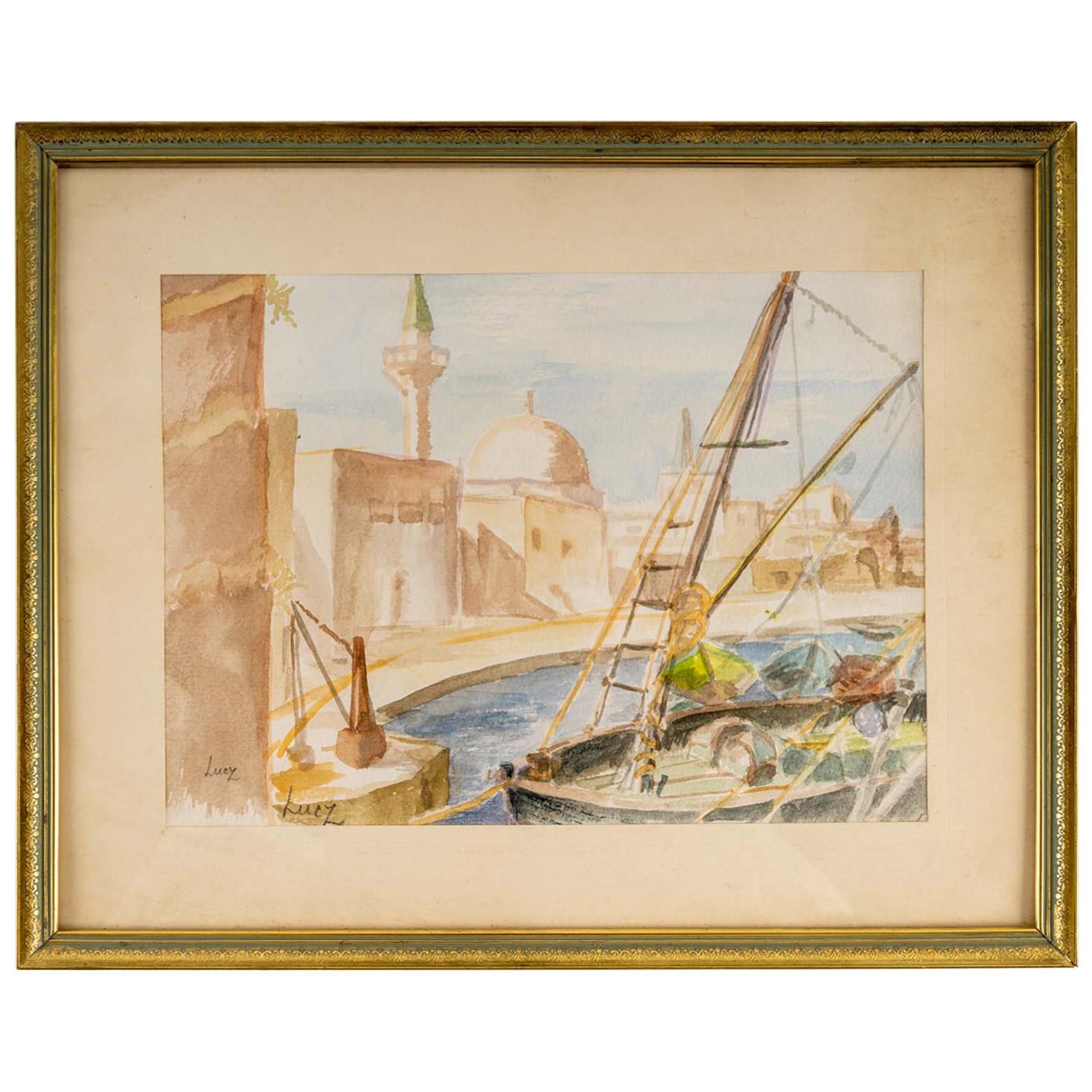 Drawing View of an Oriental Port For Sale