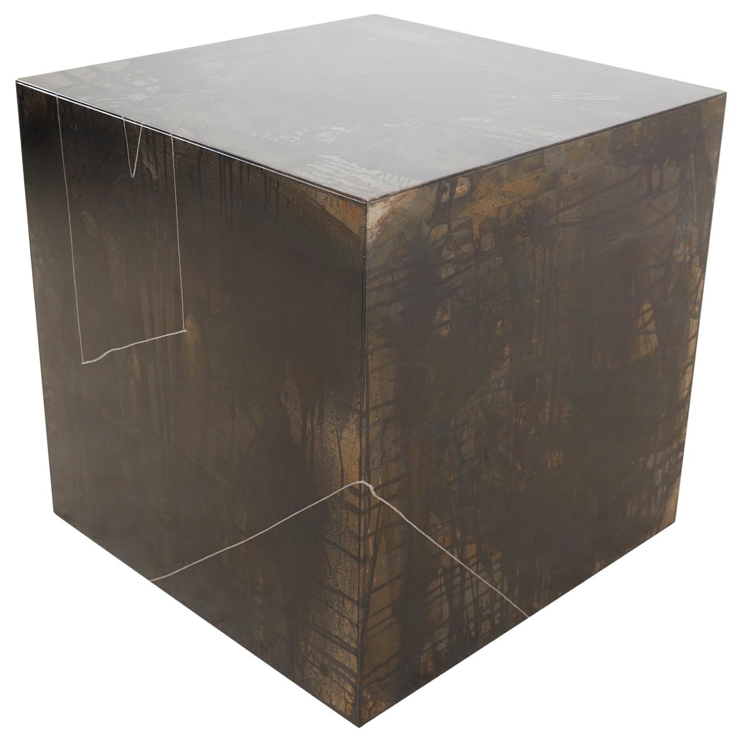 "Drawn Cube" Minimal, Patina, Steel Side Table with Artists Hand Etched Shapes