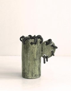 Punk Drawn By Kalou Dubus, Pierced Stoneware Vase, Black Rim, Green Glaze