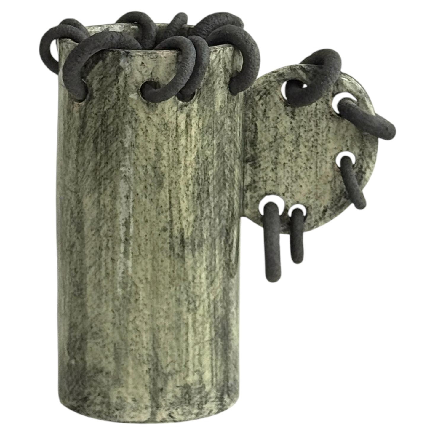 Punk Drawn By Kalou Dubus, Pierced Stoneware Vase, Black Rim, Green Glaze