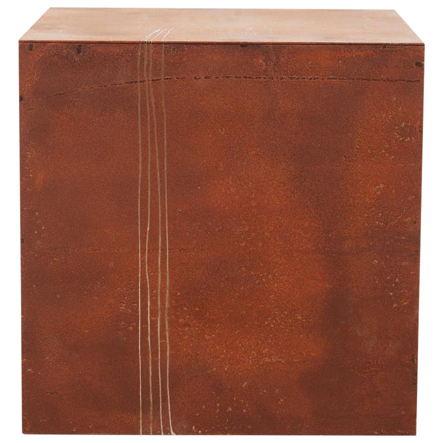 "Drawn Rusted Cube" Minimal, Rust Patina, Steel, Artists Hand Etched Shapes