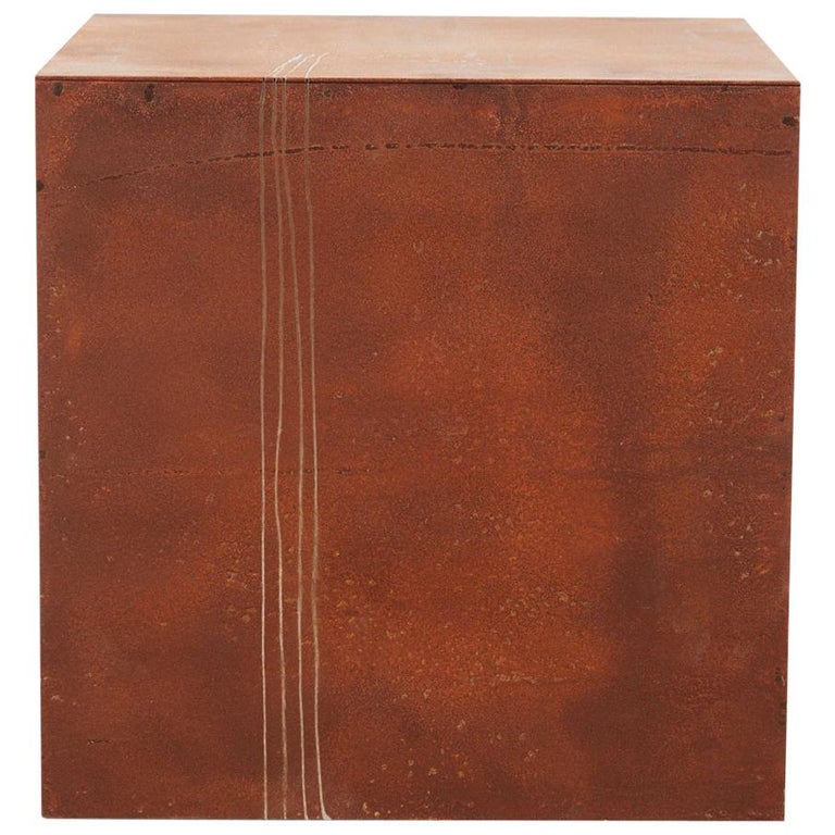 "Drawn Rusted Cube" Minimal, Rust Patina, Steel, Artists Hand Etched Shapes For Sale