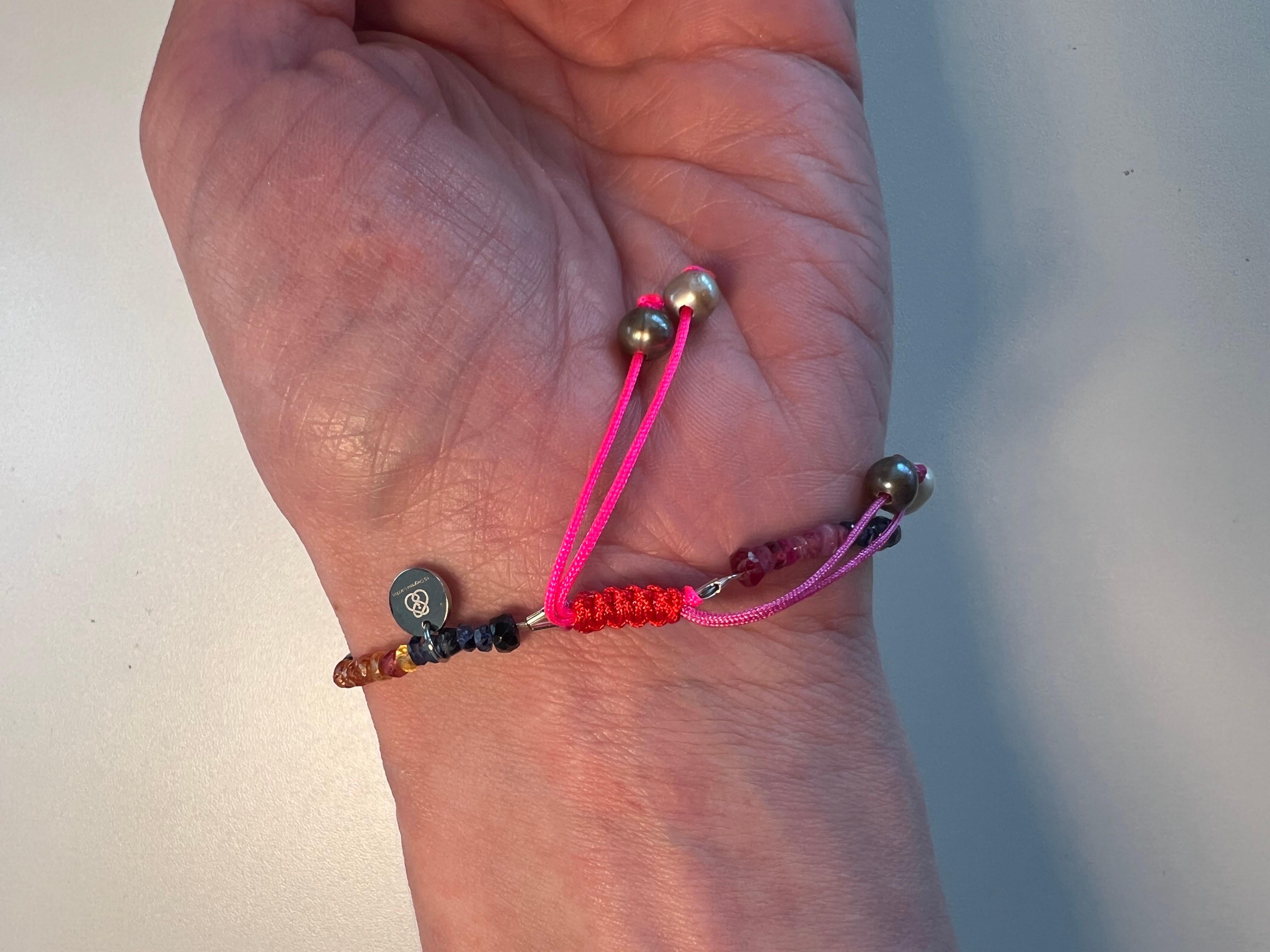 Drawstring Rainbow Gemstone Bracelet with Ruby, Emerald, and Sapphire Beads In New Condition For Sale In Boostedt, SH