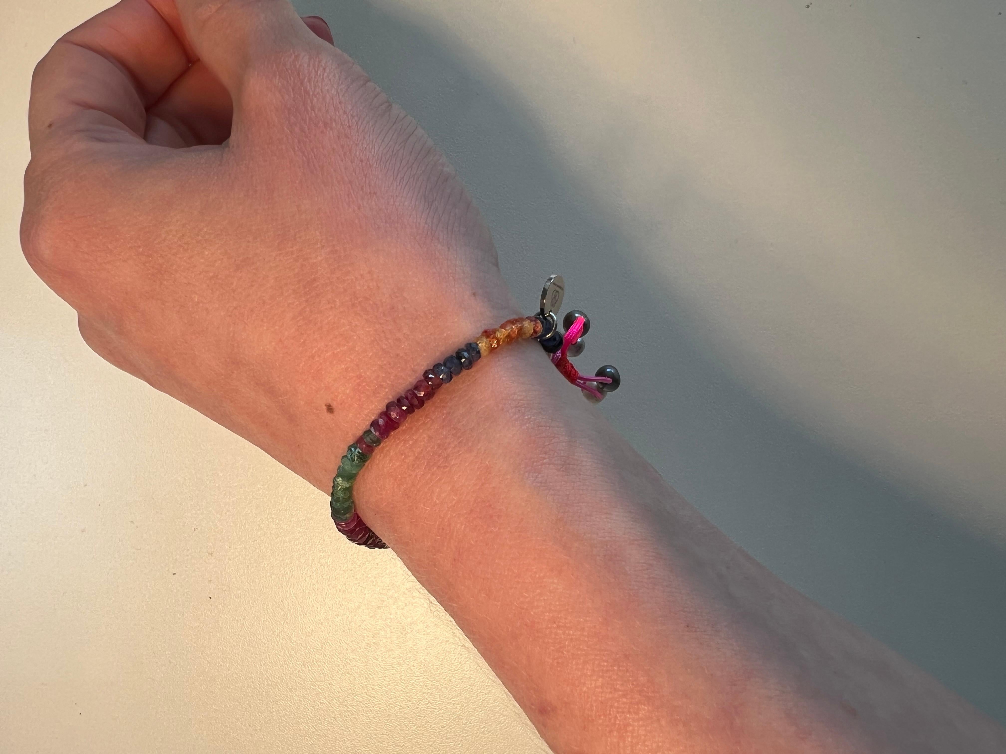 Women's Drawstring Rainbow Gemstone Bracelet with Ruby, Emerald, and Sapphire Beads For Sale