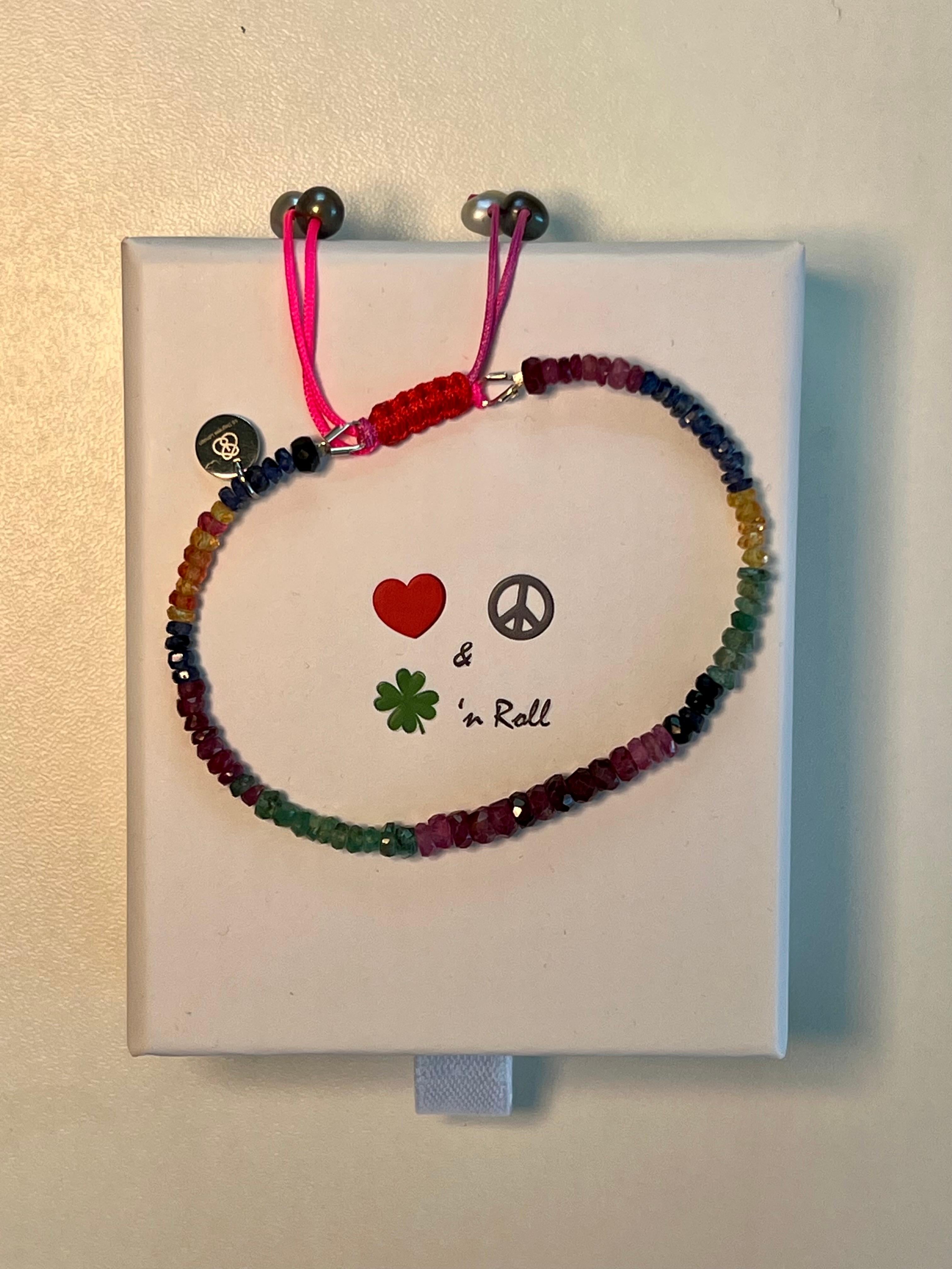 Drawstring Rainbow Gemstone Bracelet with Ruby, Emerald, and Sapphire Beads For Sale 1