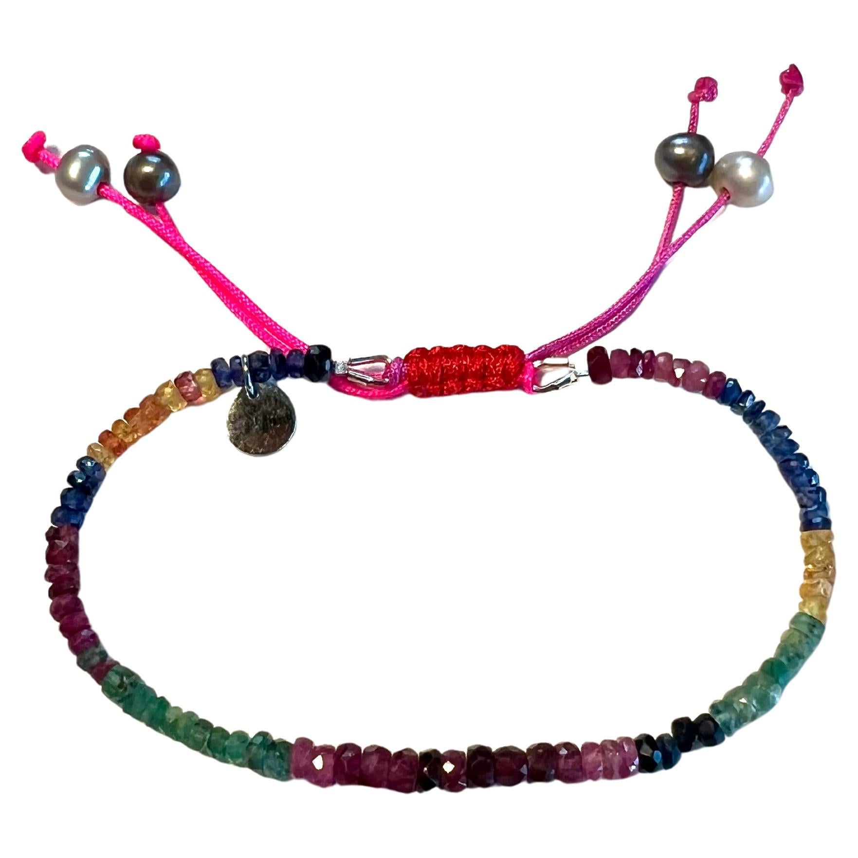 Drawstring Rainbow Gemstone Bracelet with Ruby, Emerald, and Sapphire Beads