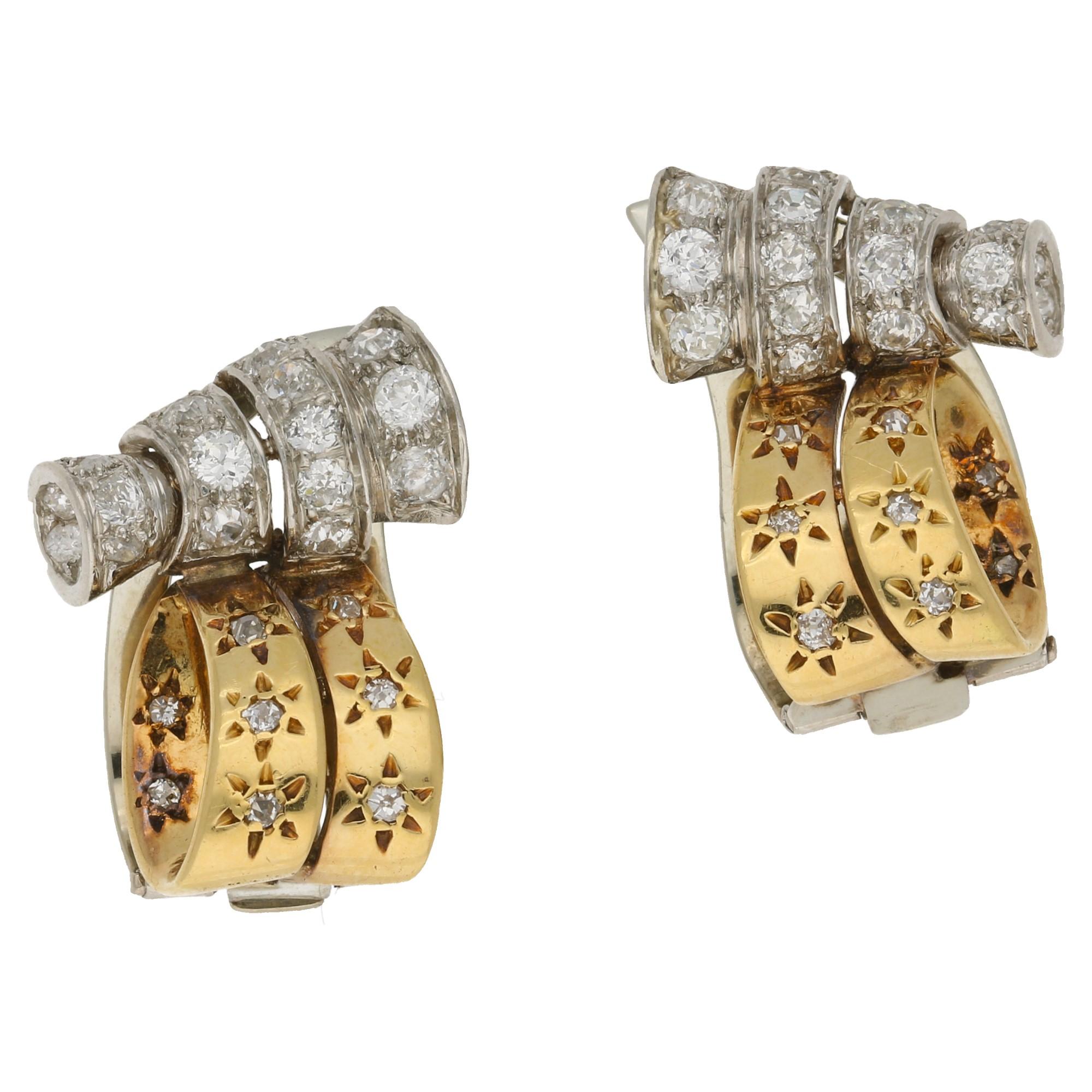 Vintage Drayson London Diamond Gold Clip Earrings Circa 1930's 