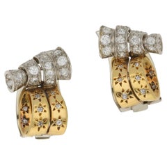 Vintage Drayson London Diamond Gold Clip Earrings Circa 1930's