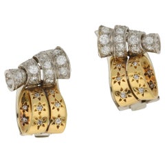 Vintage Drayson London Diamond Gold Clip Earrings Circa 1930's 