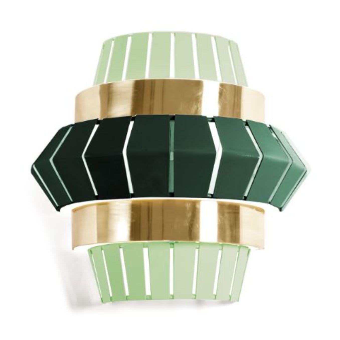 Dream and emerald comb wall lamp with brass ring by Dooq
Dimensions: W 37 x D 13 x H 34 cm
Materials: lacquered metal, polished brass.
Also available in different colors and materials.

Information:
230V/50Hz
E14/1x20W LED
120V/60Hz
E12/1x15W