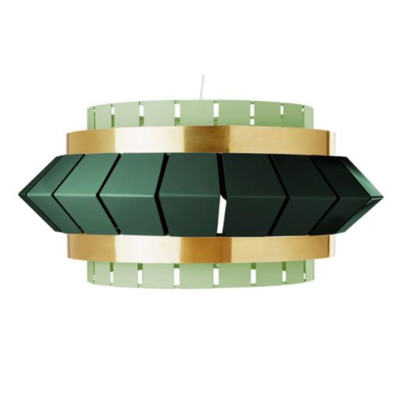 Ivory and Jade Comb I suspension lamp with brass ring by Dooq.
Dimensions: W 75 x D 75 x H 35 cm
Materials: lacquered metal, polished brass.
Also available in different colors and materials.

Information:
230V/50Hz
E27/1x20W