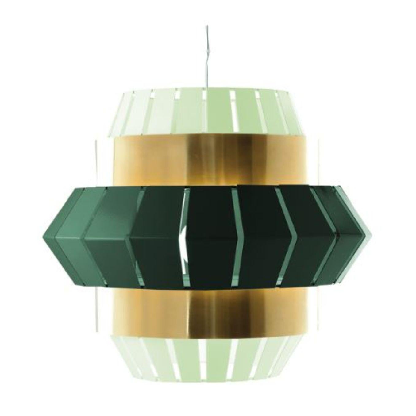 Dream and Moss Comb Suspension lamp with Brass Ring by Dooq
Dimensions: W 74 x D 74 x H 60 cm
Materials: lacquered metal, polished brass.
Also available in different colors and materials.

Information:
230V/50Hz
E27/1x20W LED
120V/60Hz
E26/1x15W