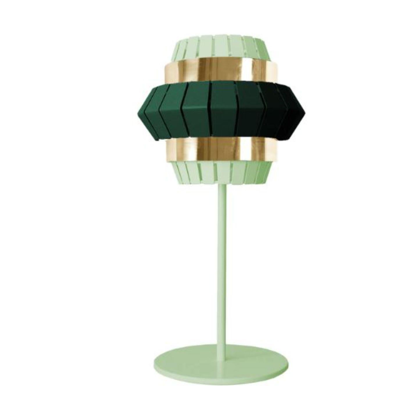 Dream and Moss comb table lamp with brass ring by Dooq
Dimensions: W 25.5 x D 25.5 x H 60 cm
Materials: lacquered metal, polished brass.
Also available in different colors and materials.

Information:
230V/50Hz
E14/1x20W