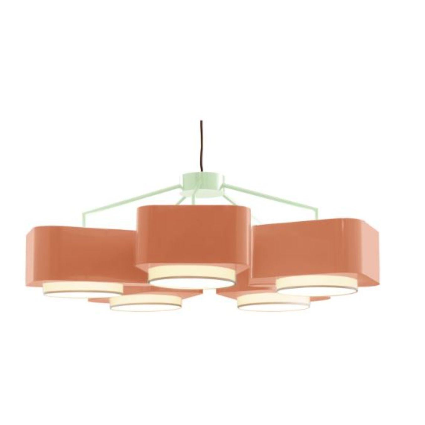 Dream and Salmon Carousel Suspension lamp by Dooq
Dimensions: W 110 x D 110 x H 40 cm
Materials: lacquered metal.
abat-jour: cotton
Also available in different colors.

Information:
230V/50Hz
E27/5x20W LED
120V/60Hz
E26/5x15W LED
bulbs not