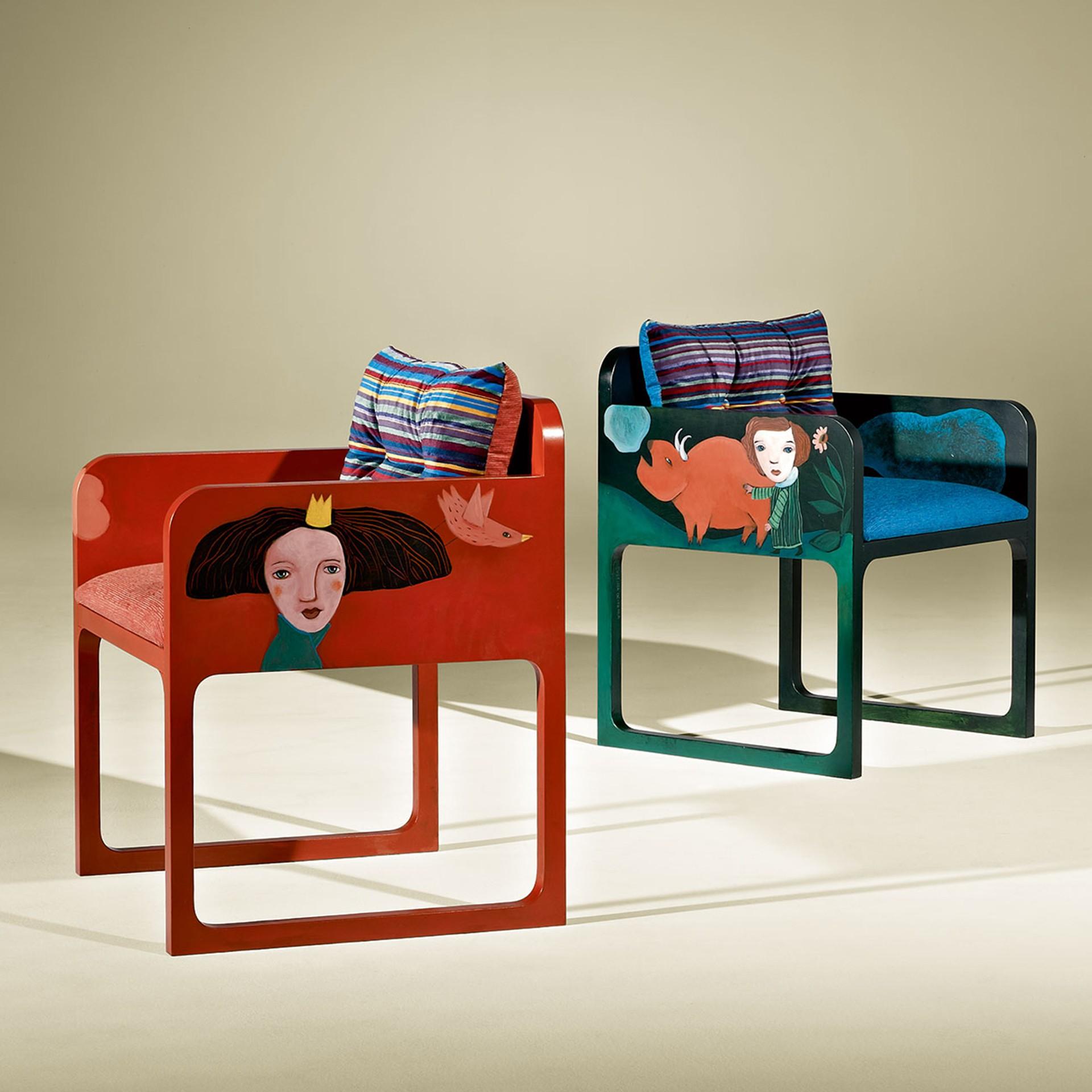 Dream blue dream orange contemporary armchairs with artistic intervention by Evelina Oliveira, in lacquer and LELIEVRE Upholstery.

Bespoke / Customizable
Identical shapes with different sizes and finishings.
All RAL colors available. (matt /