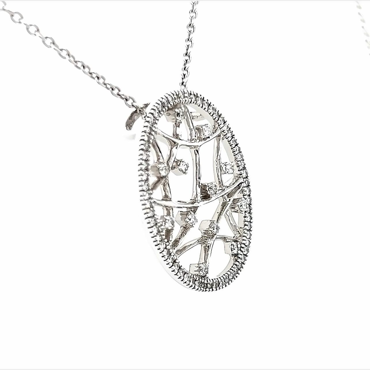 Dream Catcher Diamond Pendant

Details:

60- Round Diamonds- .38ct Total Weight- GH in Color- I1 in Clarity
14kt White Gold
